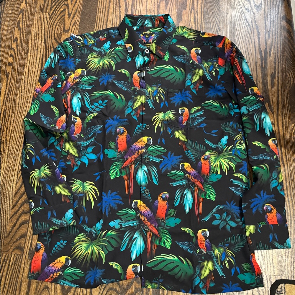 Retro Rifle Tropical Parrot Print Shirt button down large
